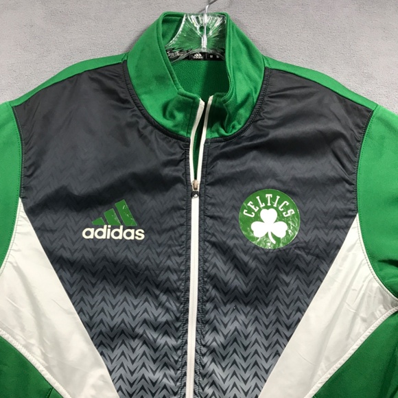 Celtics Adidas Track Jacket Full Zip Polyester Stretch Green Gray Mens Medium - Picture 2 of 9